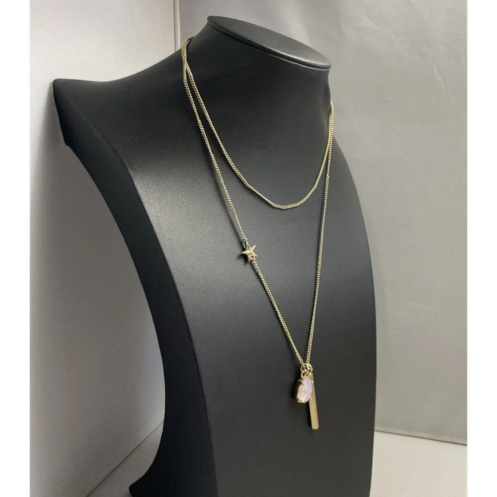 J Crew Long Necklace Rhinestone Bar Charm Star Gold Tone Jewelry - Picture 12 of 13